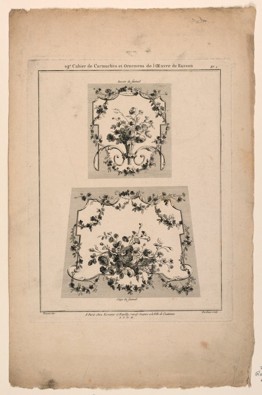 Dessins pour sièges de tapisserie, planche 1 de "Cahier de Cartouches et Ornemens de l