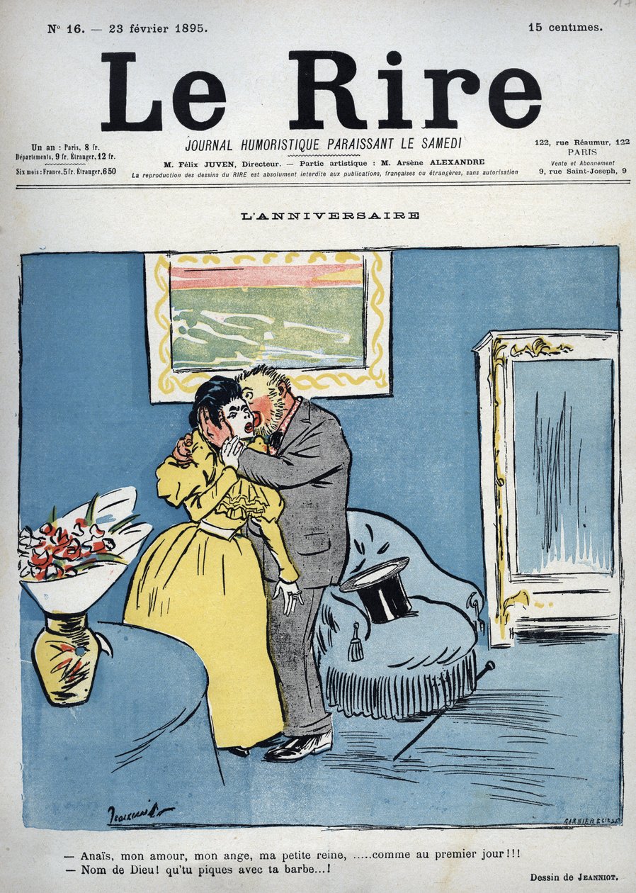 Anniversaire - Anaïs, mon amour, mon ange, ma petite reine, comme au premier jour !!! - Jésus-Christ ! Tu piques avec ta barbe ! - dessin de Pierre Georges Jeanniot (1848-1934) pour « Le Rire » du 23 février - Pierre Georges Jeanniot