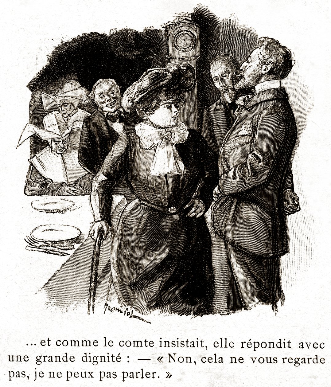 "Boule de Suif": Elisabeth Rousset refuse de repondre au comte, debut 20eme siecle (illustration) - Pierre Georges Jeanniot