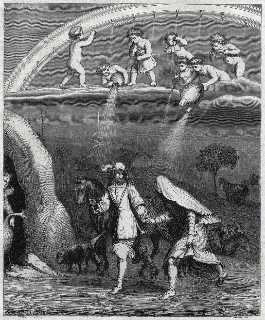 Énée et Didon surpris par la pluie dans la forêt. Illustration de « Virgile travesti » par Paul Scarron (1610-1660), une parodie de « L