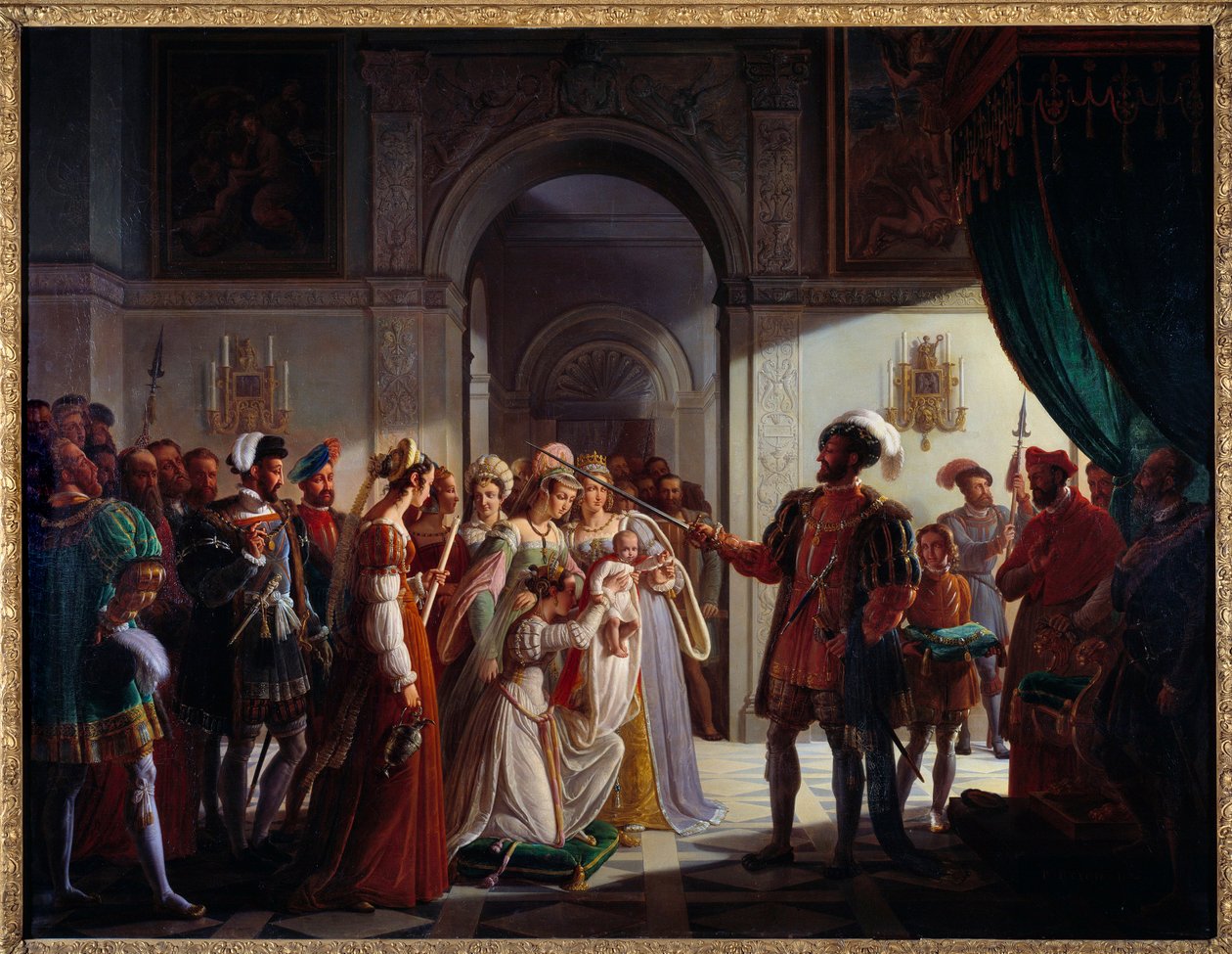 François Ier (1494-1547) armant chevalier son petit-fils François II (1544-1560). Le jeune prince est accompagné de ses parents Henri II (1519-1559) et Catherine de Médicis (1519-1589) - Pierre Henri Revoil