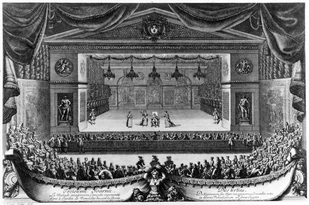 Troisième jour : Le Malade imaginaire (par Molière), comédie représentée dans le Jardin de Versailles devant la Grotte en 1676 (Gravure de Pierre Lepautre) - Pierre Lepautre