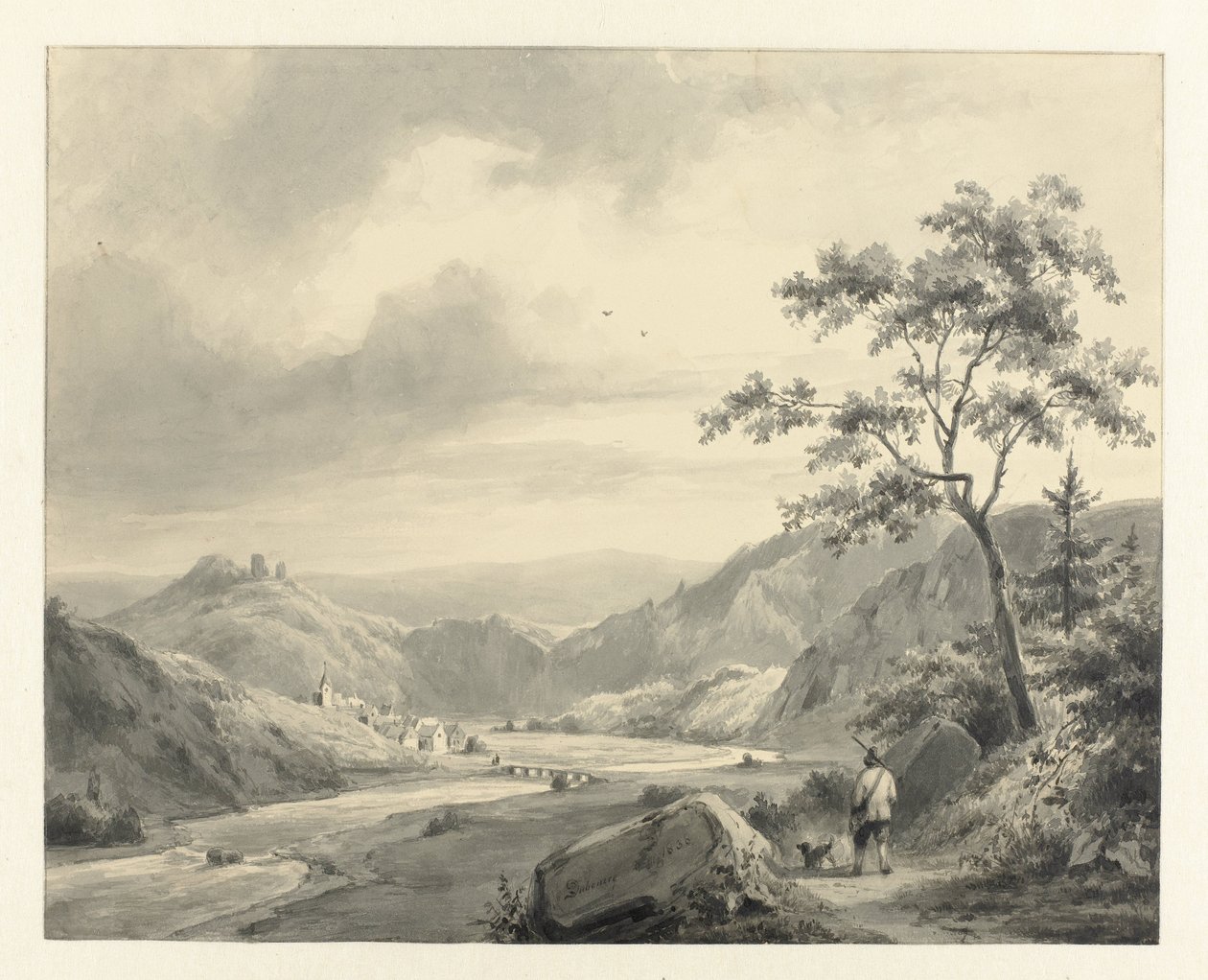 Paysage vallonné avec chasseur et chien sur le chemin - Pierre Louis Dubourcq