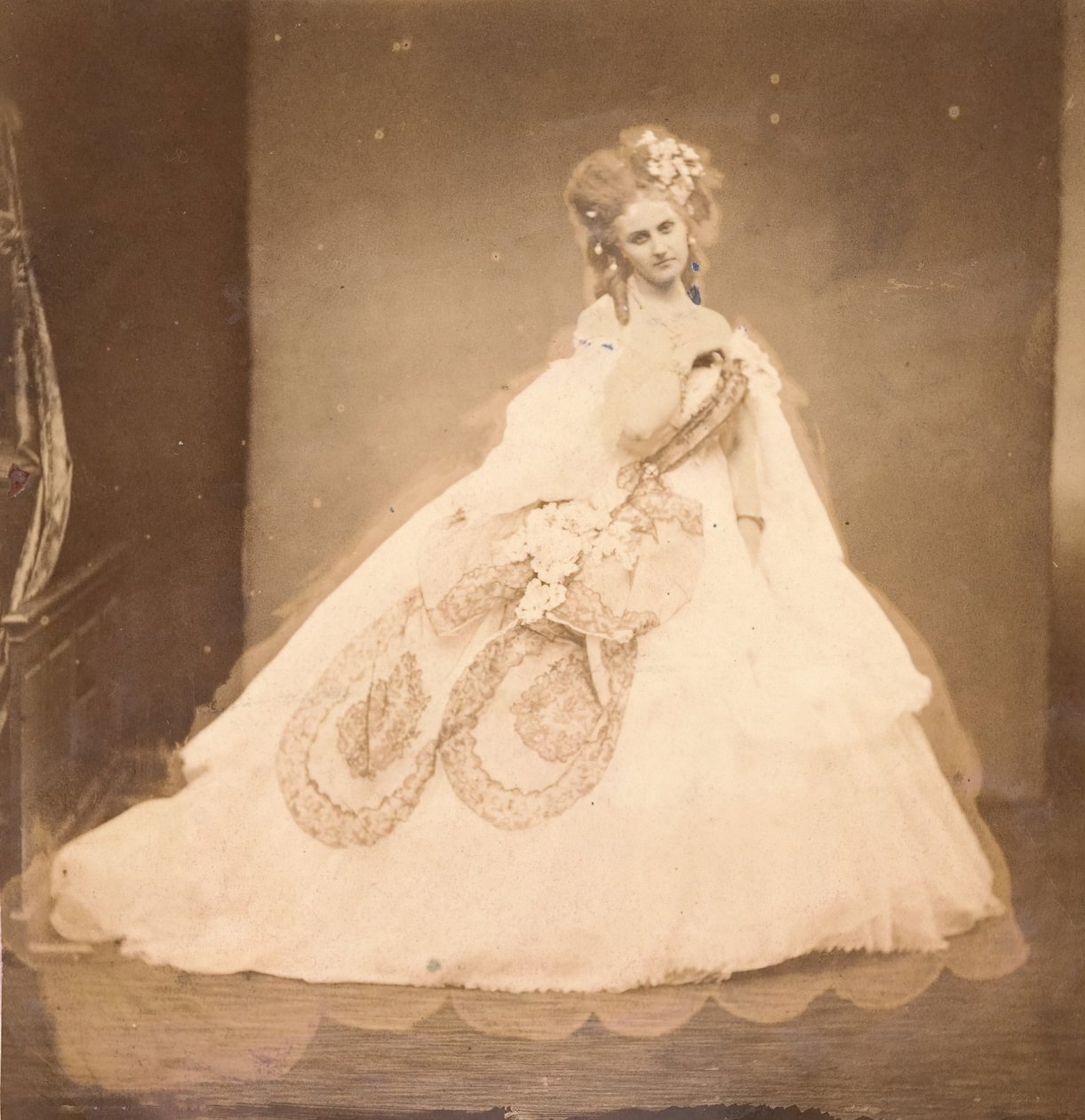 La Bisi. Boudoir, robe en velours gris, moire rose, fleurs roses, feuilles grises de sa mai - Pierre Louis Pierson