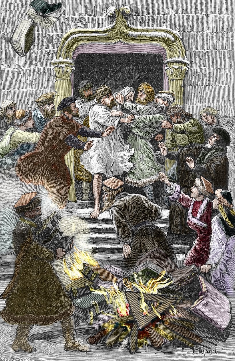 Socinianisme et Petite Église Polonaise : les habitants de Cracovie brûlent les œuvres de Faustus Socinus (Faust Socin ou Fausto Sozzini) (1539-1604) sur la place publique l