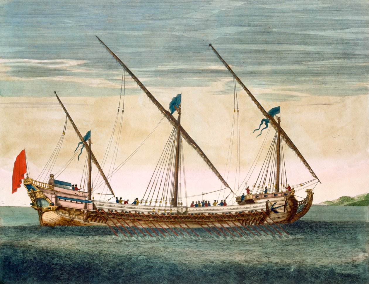 Une galéasse à trois mâts en route à la rame, de Le Neptune François, c.1693-1700 (gravure en couleur) - Pierre Mortier
