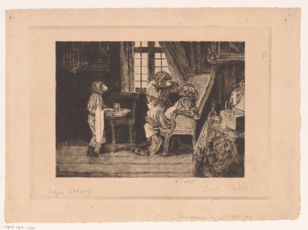 Représentation satirique de singes comme dentiste, assistant et patient - Pierre Peeters (signed by artist)