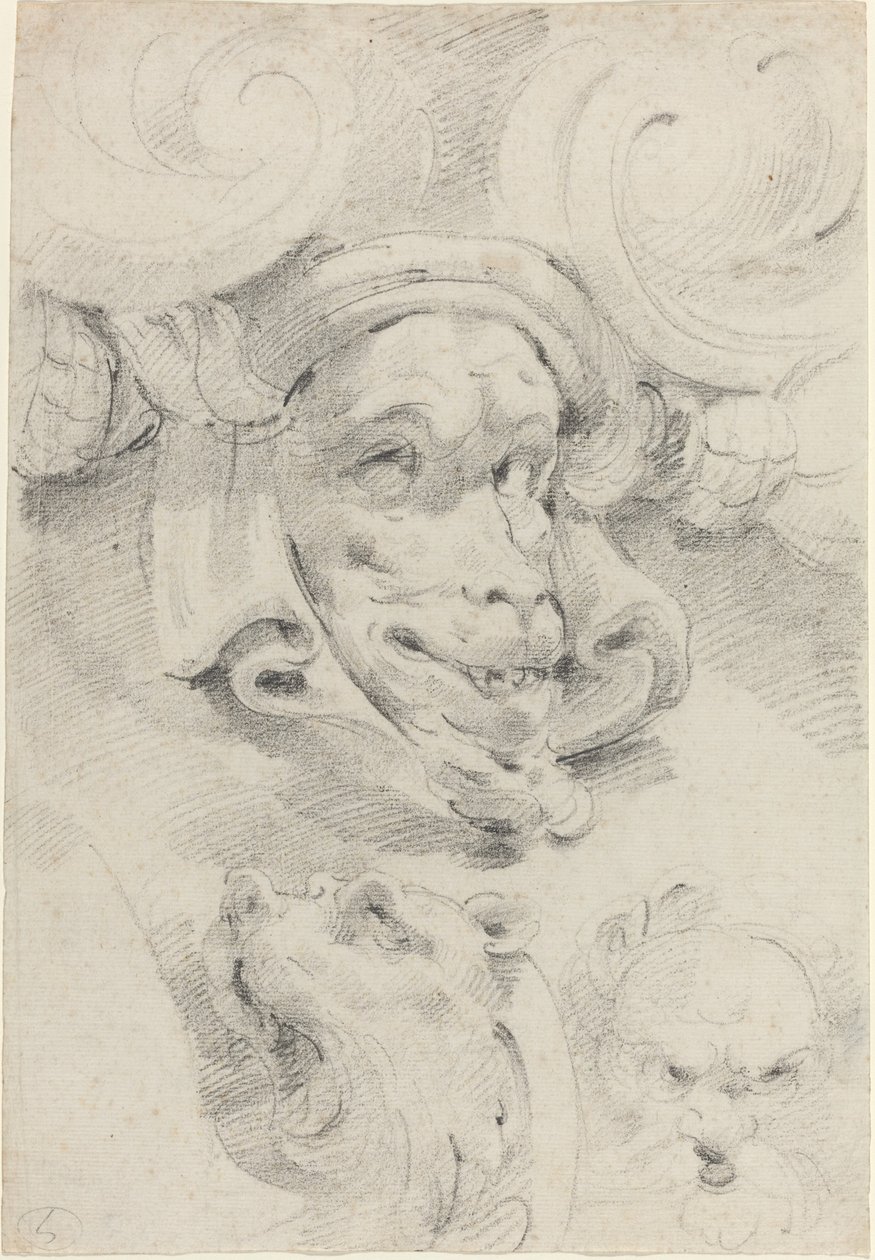 Esquisses ornementales avec masques grotesques - Pierre Puget