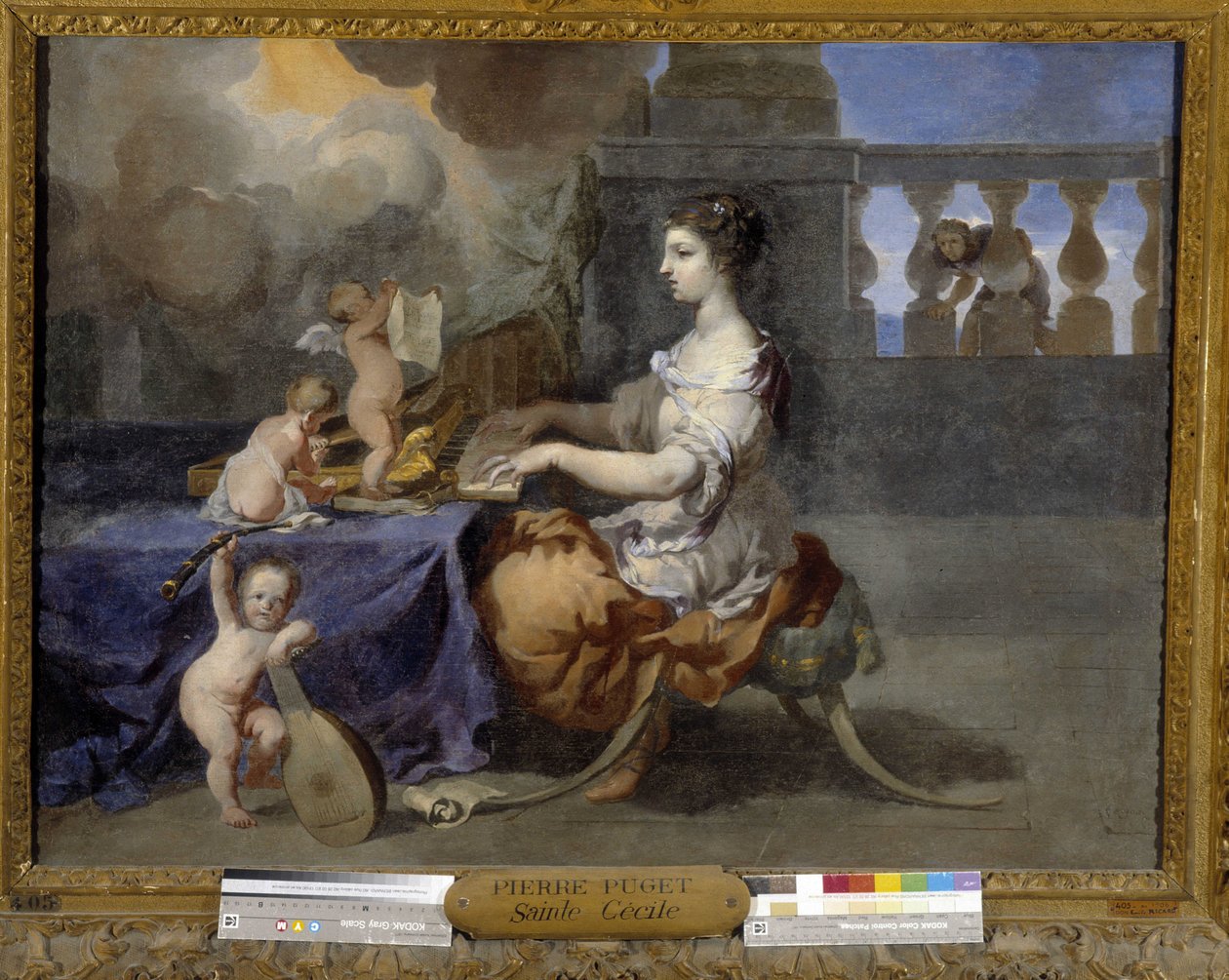 Sainte Cécile jouant du clavecin pour convertir son mari au catholicisme. Sainte Cécile est la patronne des musiciens - Pierre Puget