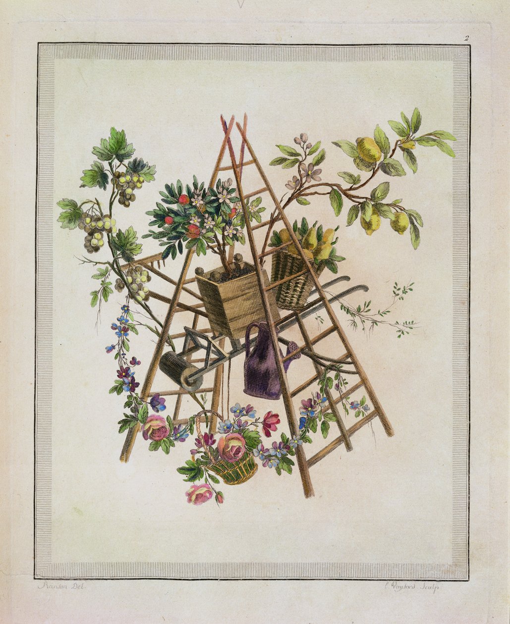 Un motif textile de jardin, de Oeuvre contenant un Receuil de Trophees, Attributs, Cartouches, Vases, Fleurs, Ornemens, et Plusieurs Dessins agréables pour broder des Fauteuils, gravé par Etienne C - Pierre Ranson