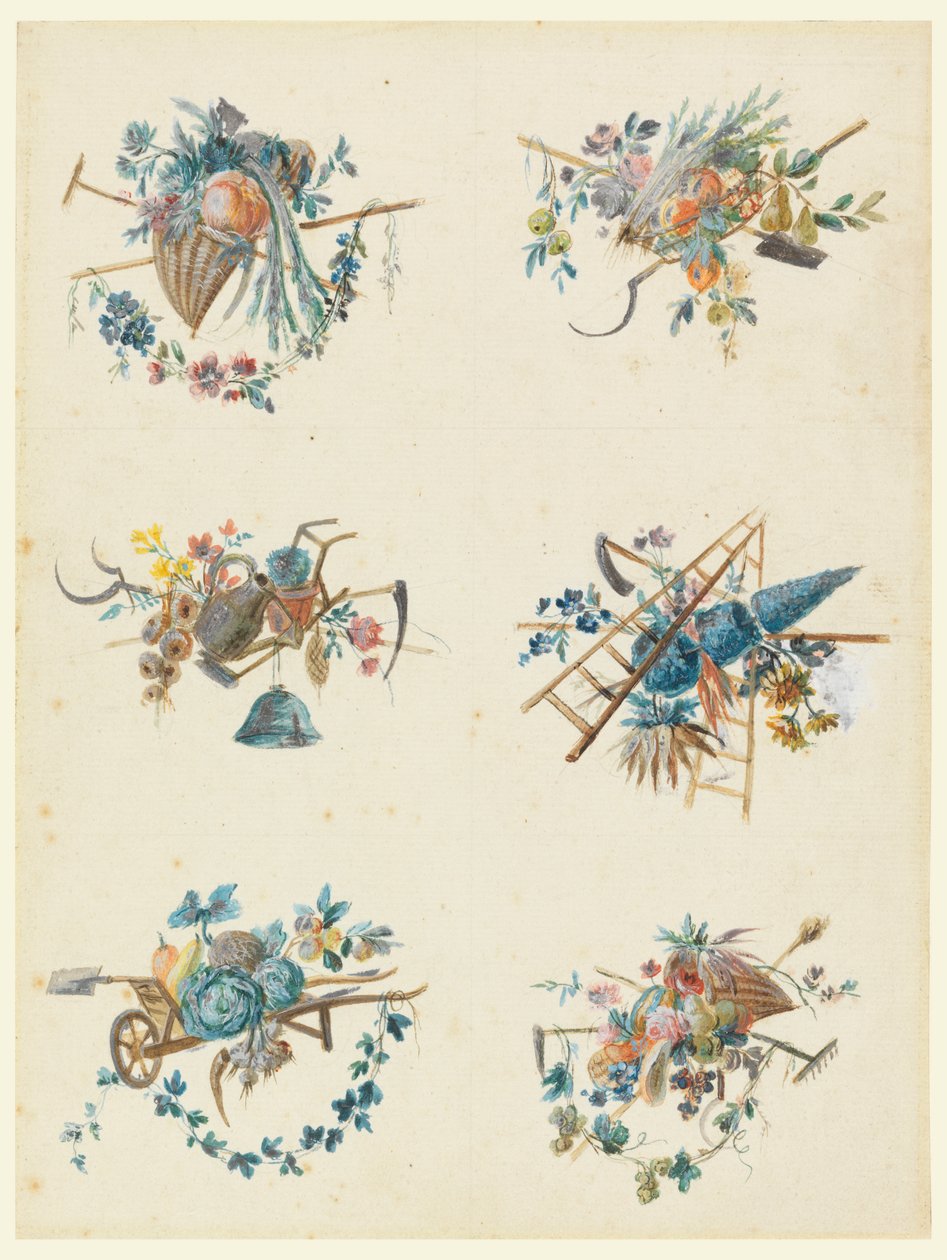 Six trophées avec les attributs du jardinage - Pierre Ranson