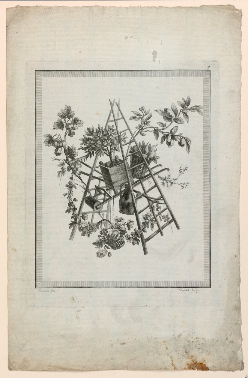 Trophée avec instruments de jardinage, Planche 2 de "Suite de différents Attributs, Trophées, et Groupes de fleurs," Suite II - Pierre Ranson
