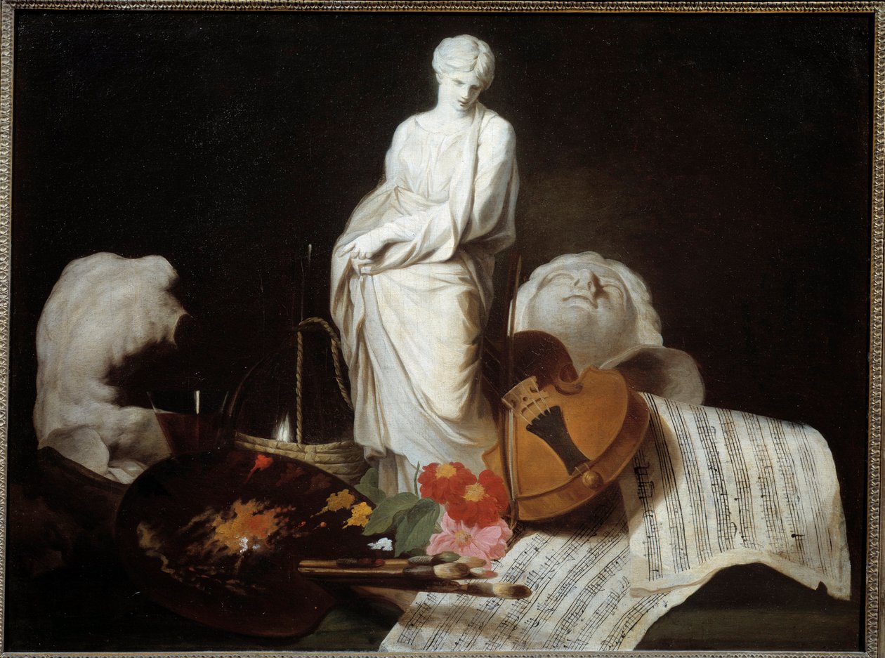 Les attributs des Arts Palette de peintre, violon, partitions, sculpture - Pierre Subleyras