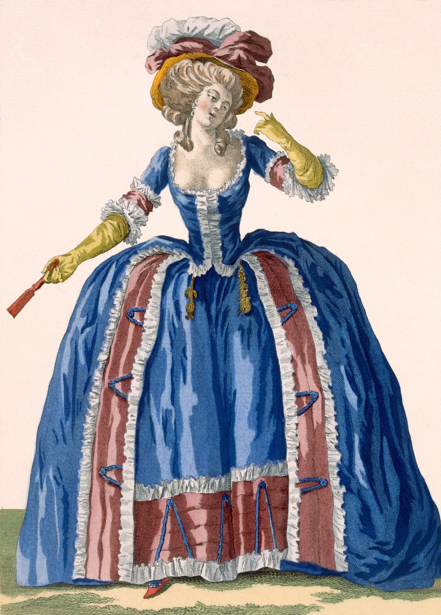 Robe a cerceaux de style anglais en bleu electrique avec bordure froncee bordeaux gravee par Bacquoy planche no.182 de Galeries des Modes et