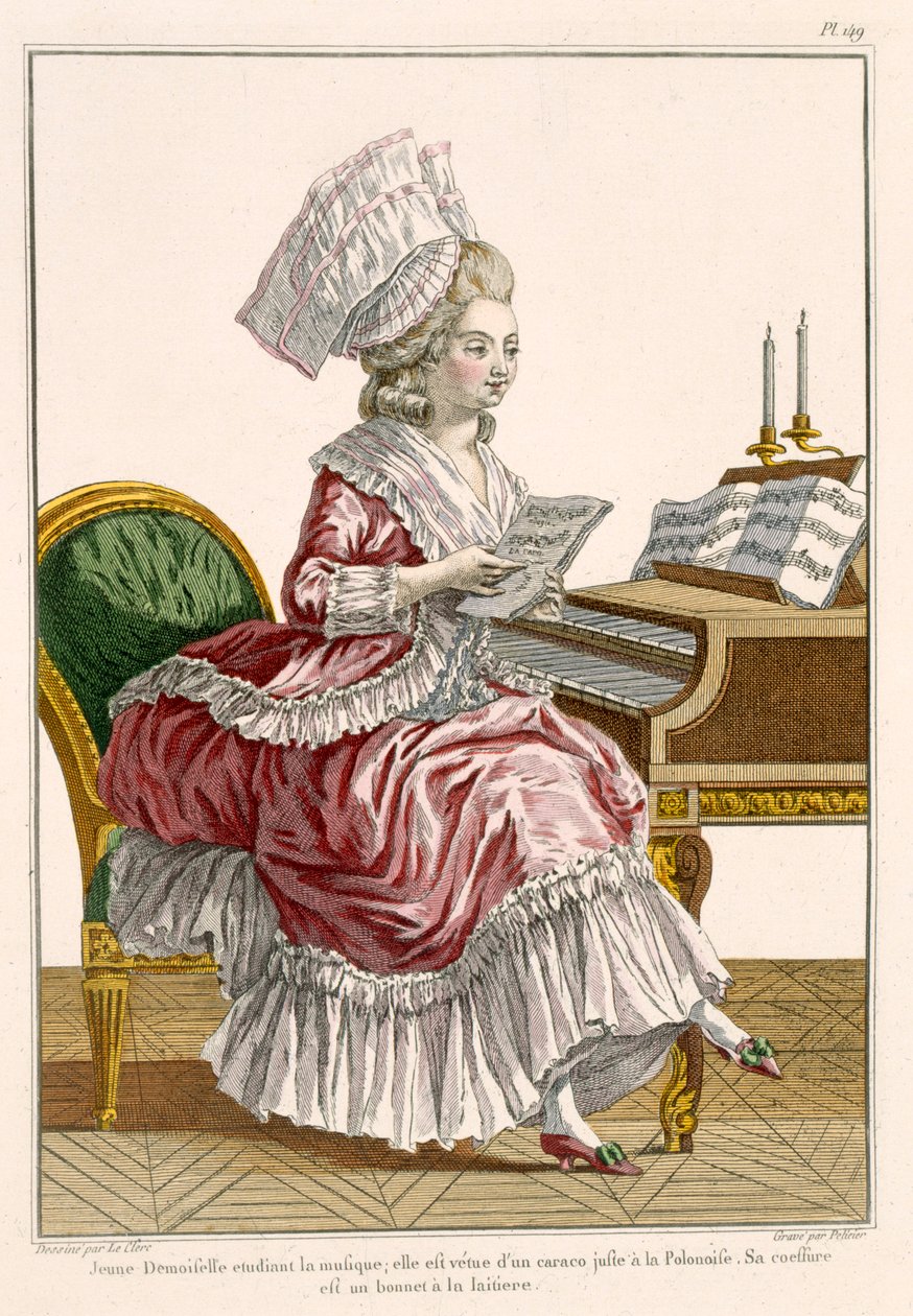 Jeune femme étudiant la musique à son clavecin, planche 149 de 