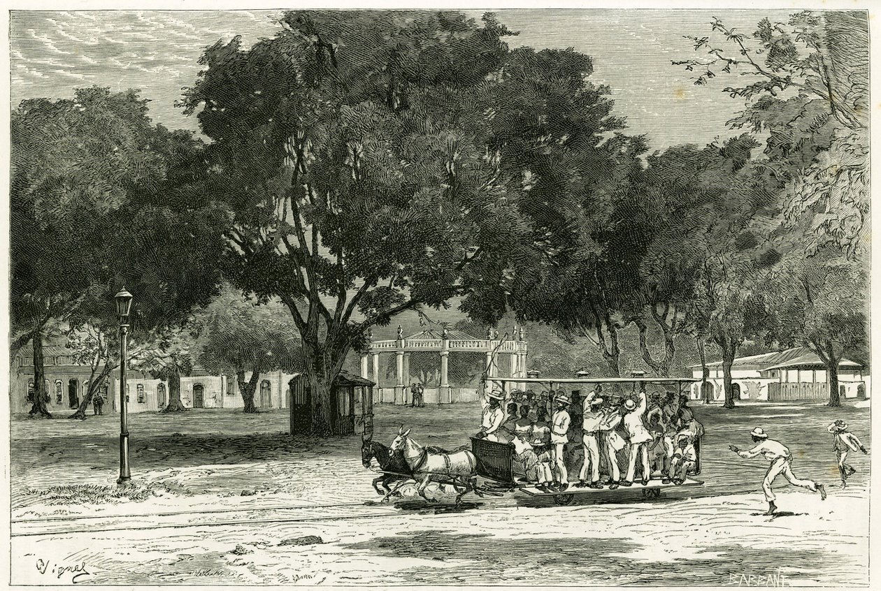 Tramway tiré par des chevaux, dans le port de Para (Brésil), sur le largo de Nazareth. Gravure par Vignal, pour illustrer l