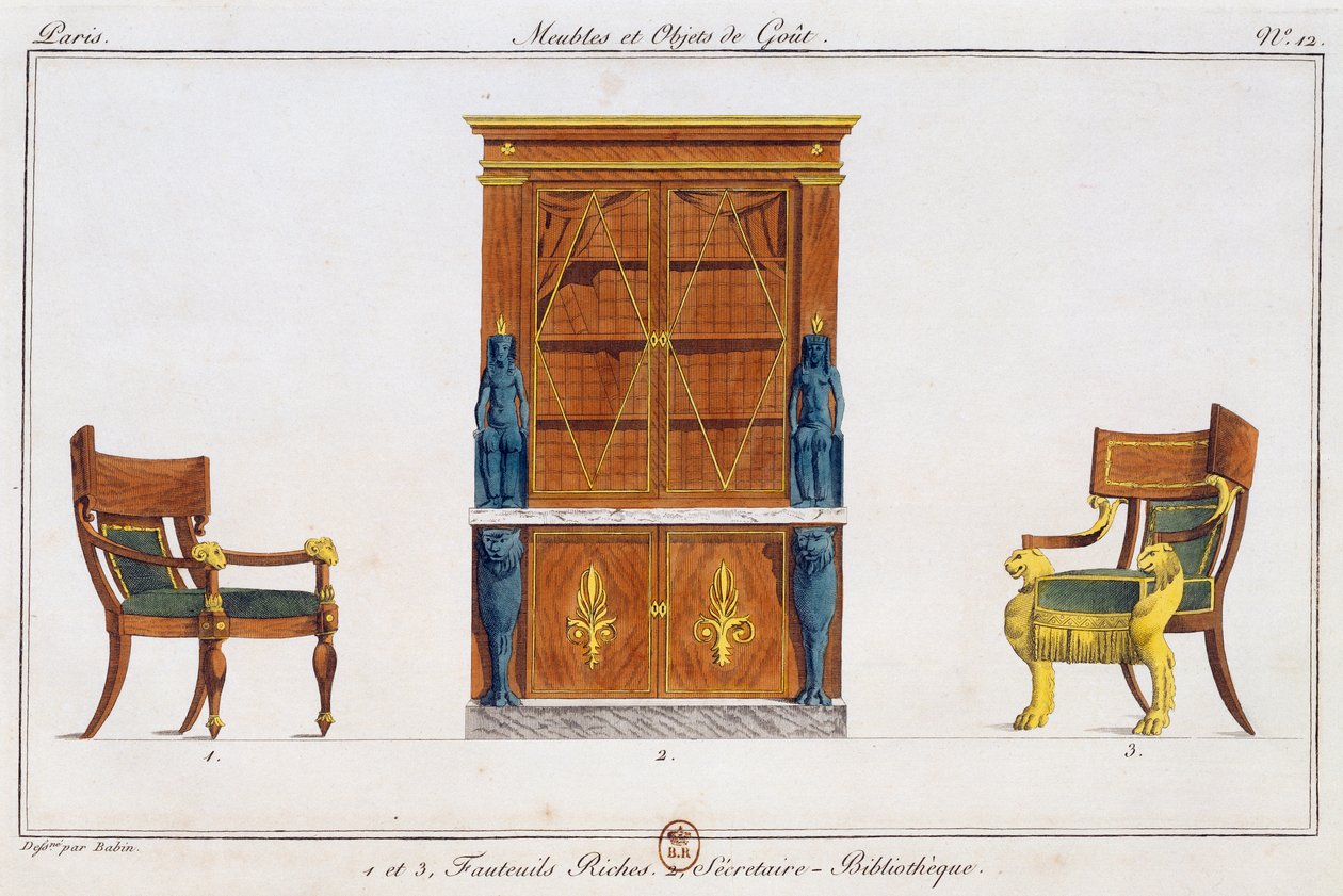 Fauteuils et bureau de bibliothèque, planche 12, illustration de Collection de meubles et objets de goût - Pierre de La Mesangere