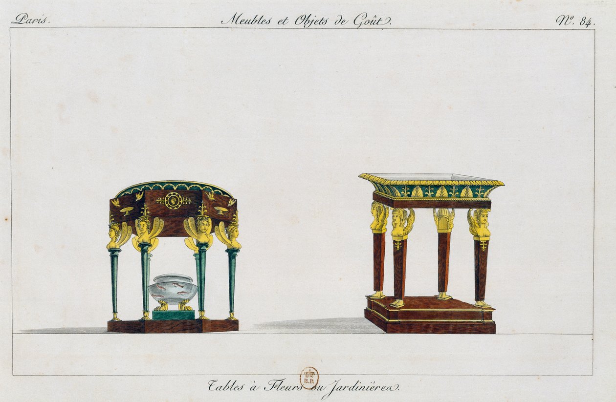 Tables pour fleurs ou supports de fleurs, planche 84, illustration de Collection de meubles et objets de goût - Pierre de La Mesangere