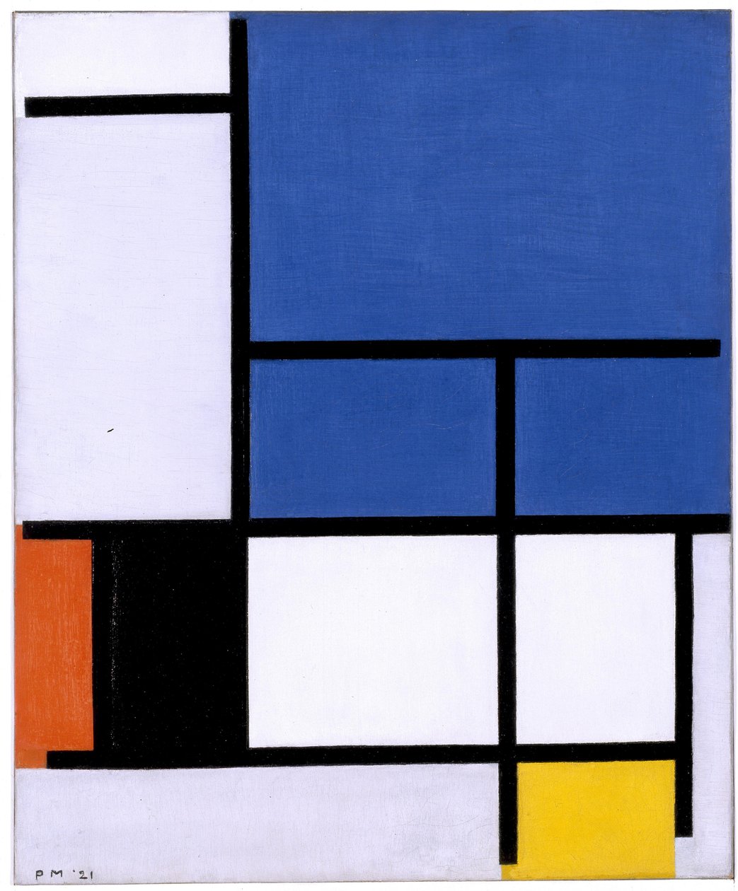 Composition avec grand plan bleu, rouge, noir, jaune et gris - Piet Mondrian