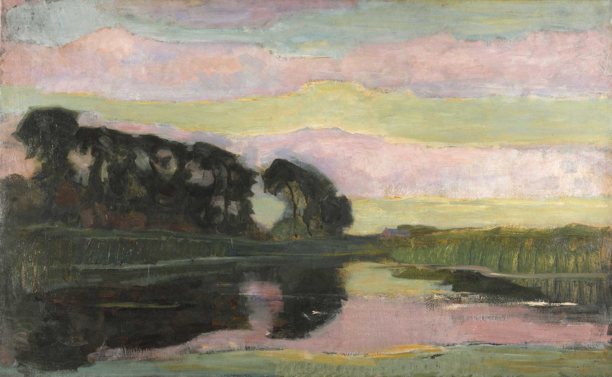 Paysage fluvial avec ciel rose et vert-jaune, vers 1907-1908 - Piet Mondrian