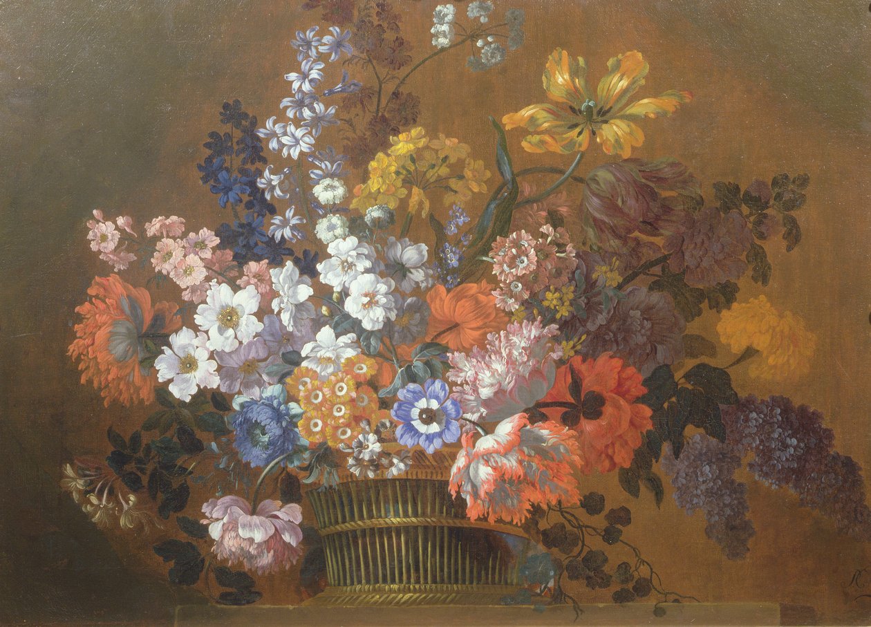 Nature morte de fleurs dans un panier sur un rebord - Pieter Casteels