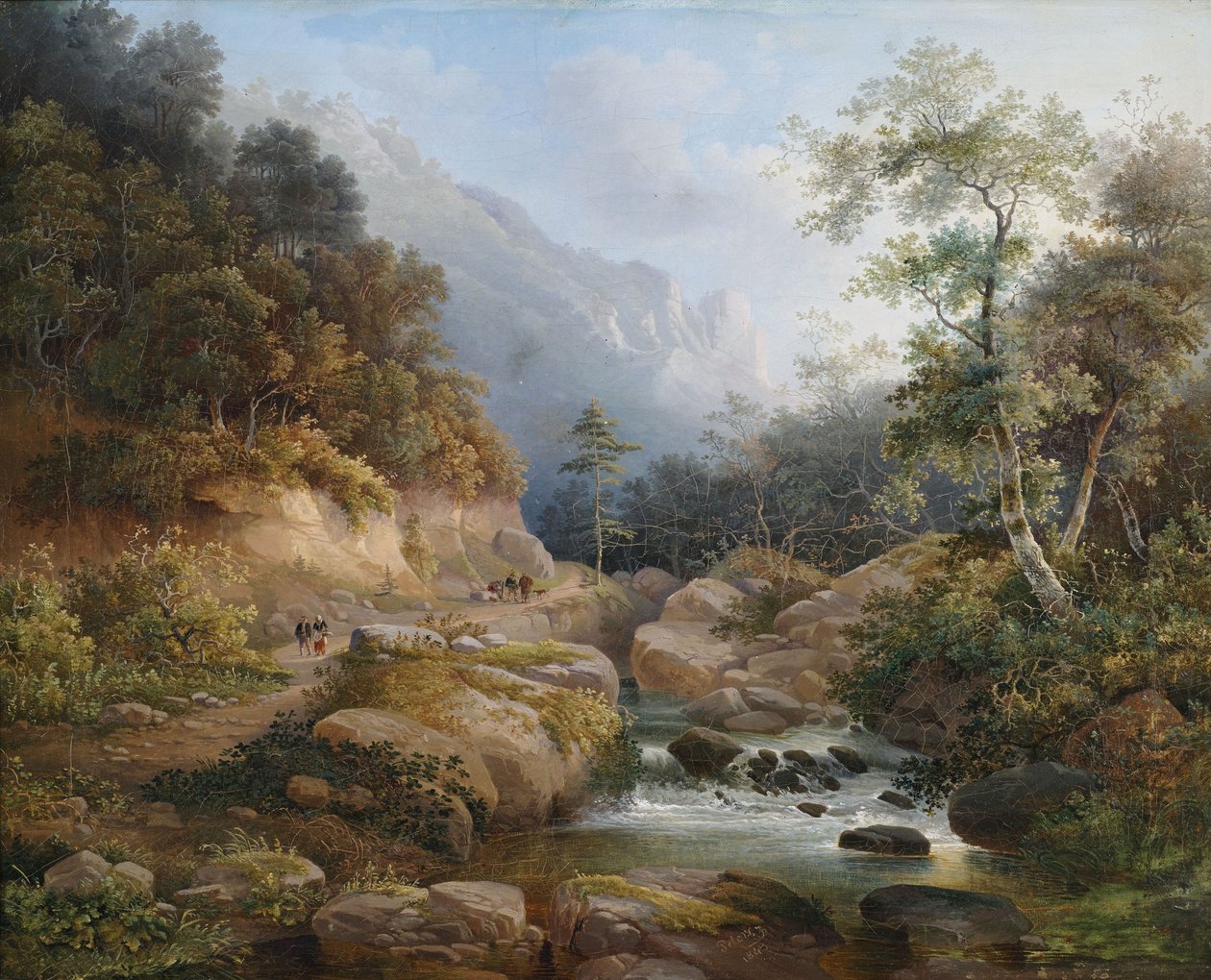 Paysage fluvial montagneux avec figures - Pieter Francis Peters