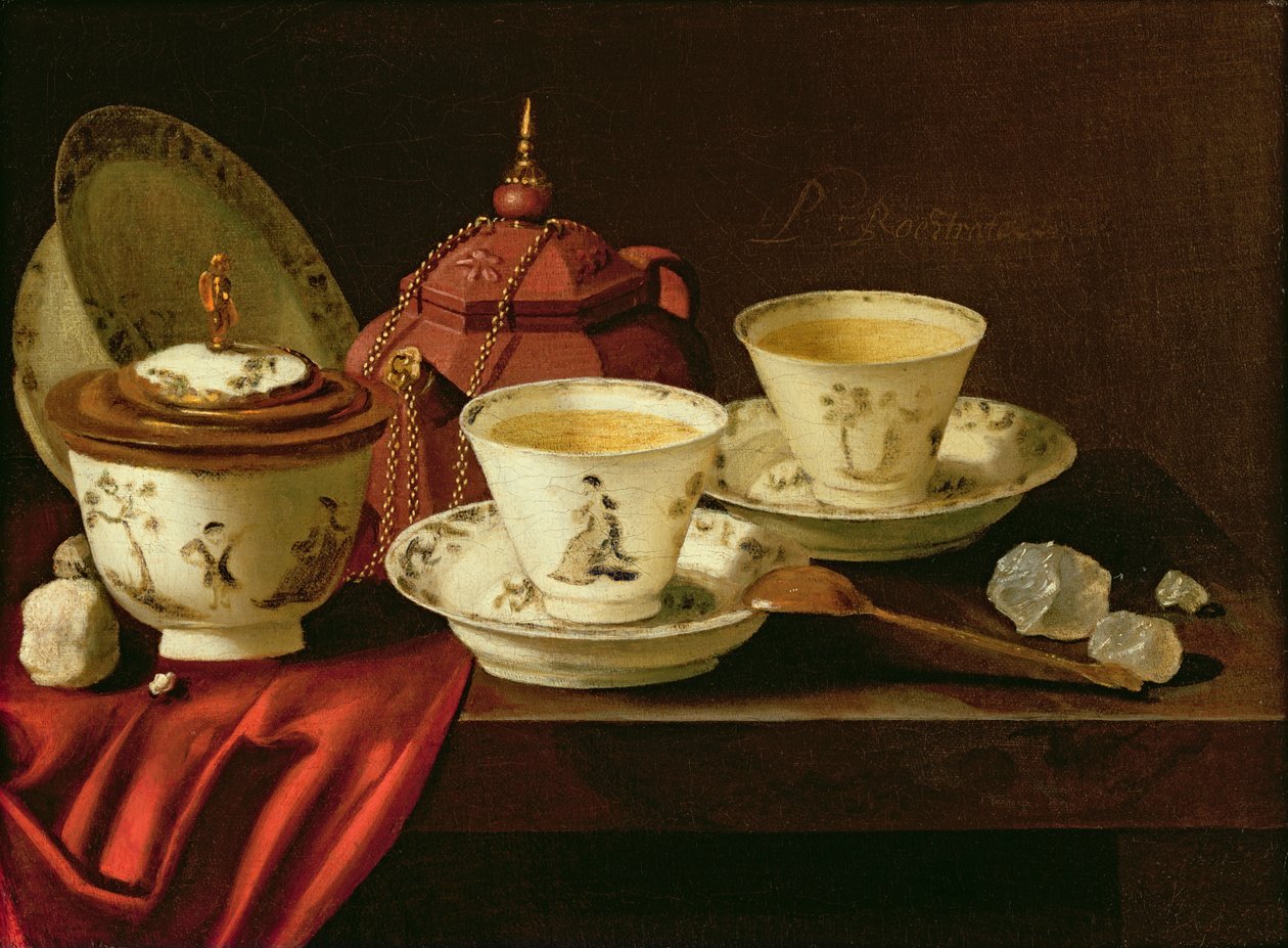 Une théière Yixing et un tête-à-tête en porcelaine chinoise sur un rebord partiellement drapé - Pieter Gerritsz. van Roestraten
