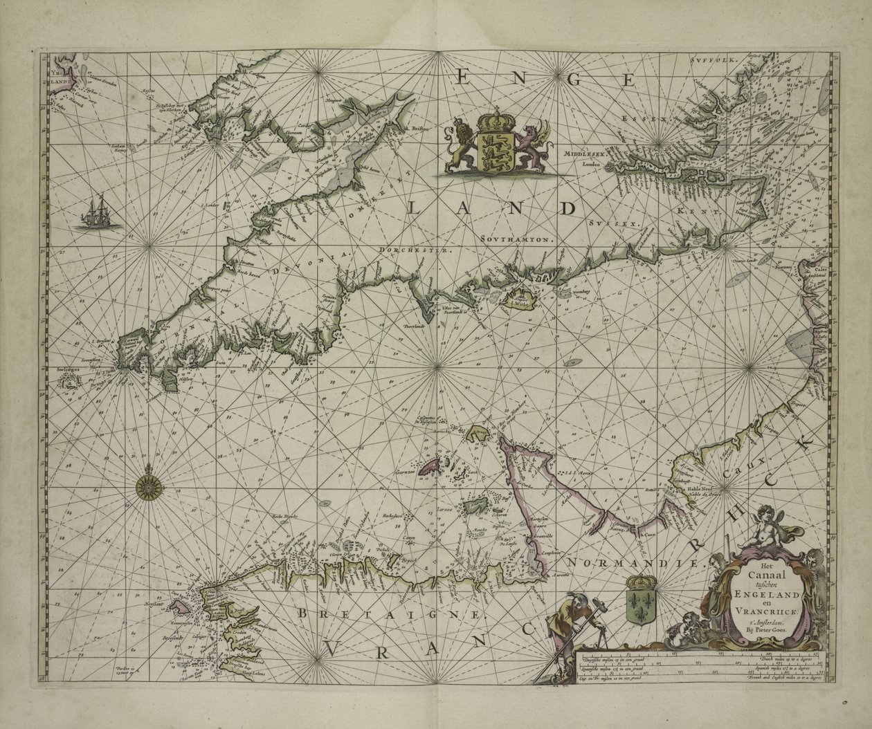 Carte antique du Canal, 1666 (gravure en couleur) - Pieter Goos