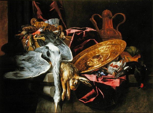 Nature morte avec gibier et un lapin avec un plat en relief reposant sur une table - Pieter or Peter Boel