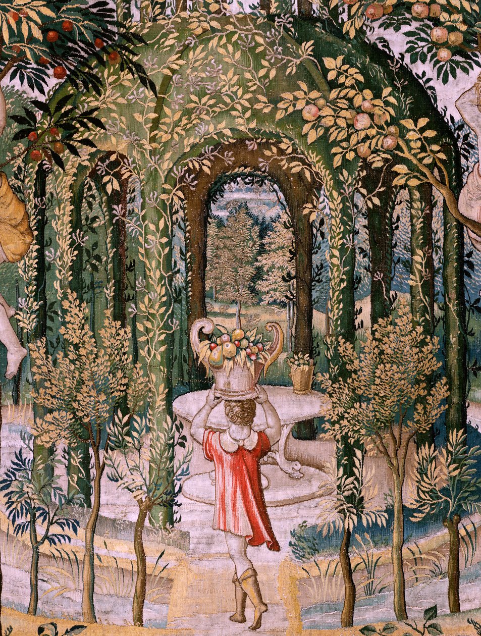 Tapisserie flamande. Série Vertumnus et Pomona; Vertumnus transformé en jardinier. Cinquième tapisserie de la série. Modèle Cercle de Pieter Coecke Van Aelst et Léonard Thiry. Manufacture Atelier inconnu, Bruxelles, avant 1560. - Pieter (circle of) Coecke van Aelst
