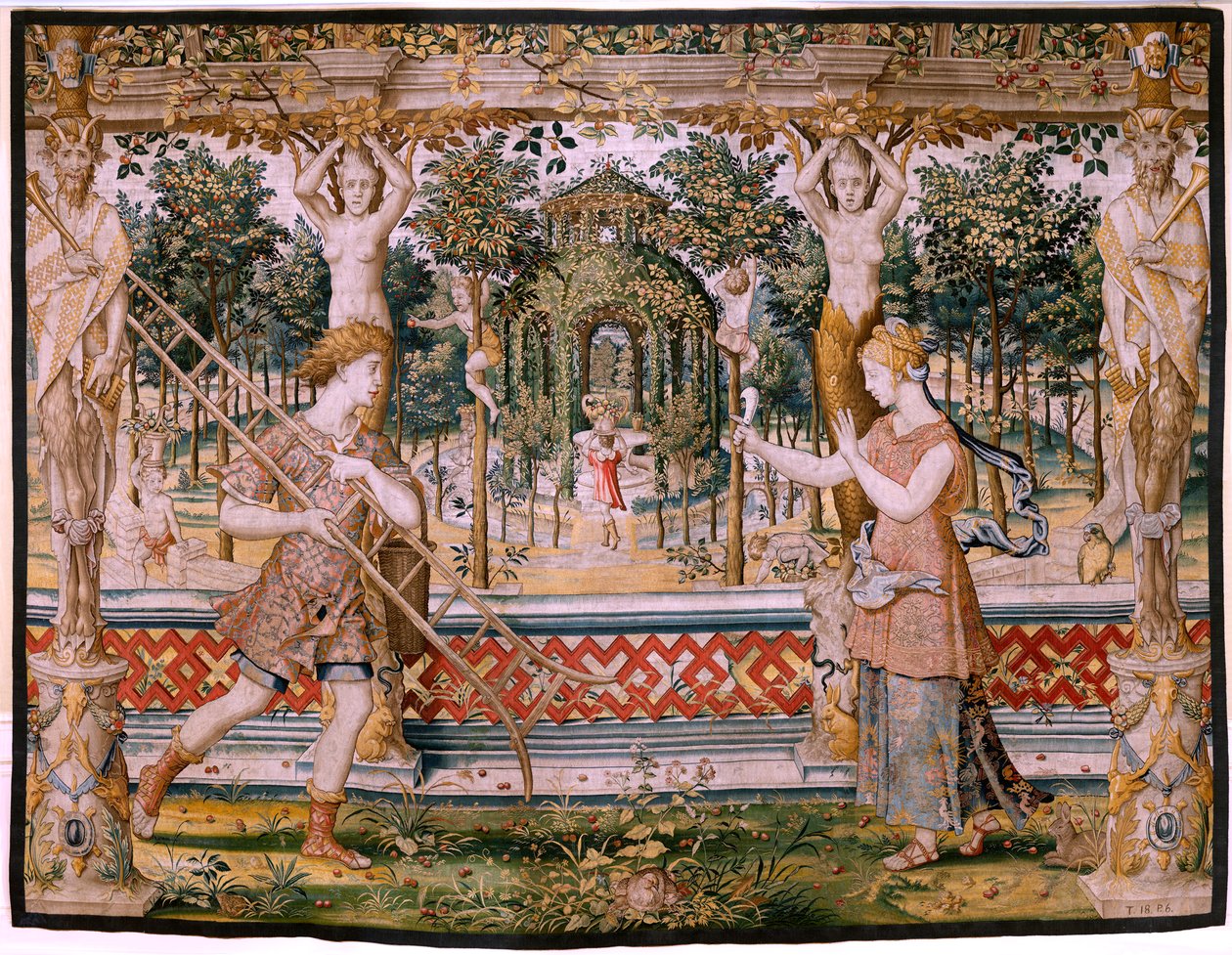Vertumne et Pomone; Vertumne transformé en jardinier (cinquième tapisserie de la série) - Pieter (circle of) Coecke van Aelst