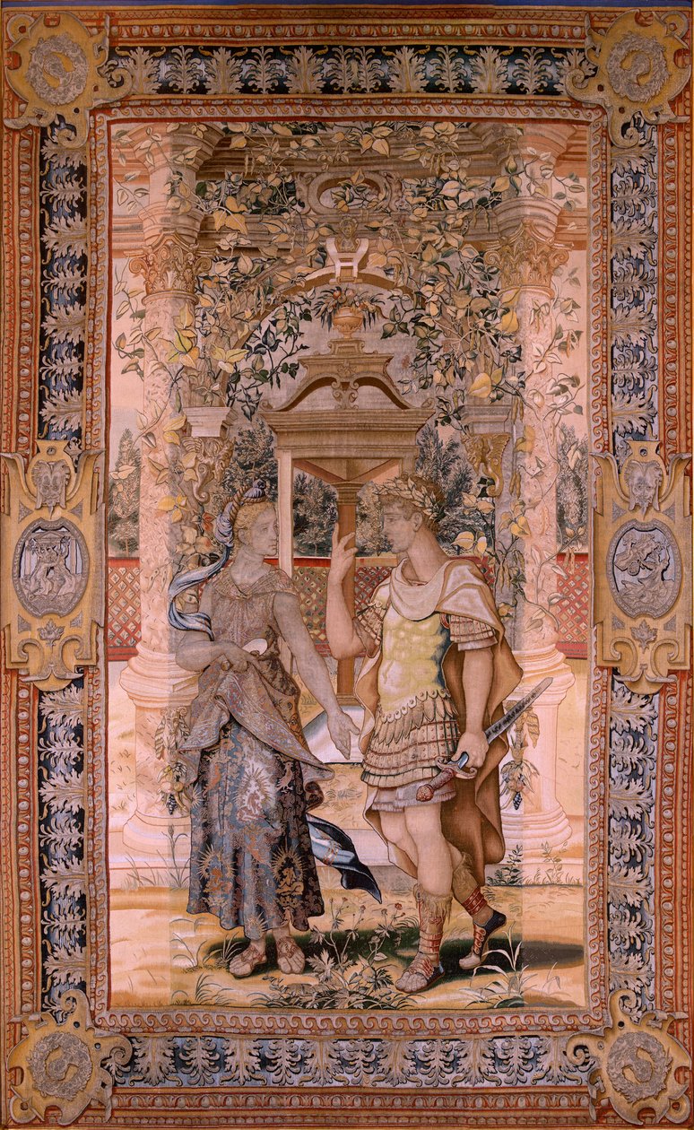 Tapisserie flamande. Série Vertumne et Pomone. Vertumne transformé en guerrier. Quatrième tapisserie de la série. Modèle Cercle de Pieter Coecke van Aelst. Manufacture Wilhelm Pannemaker, Bruxelles. Vers 1545-1550. Tissu Or, argent, soie et laine. - Pieter (circle of) Coecke van Aelst