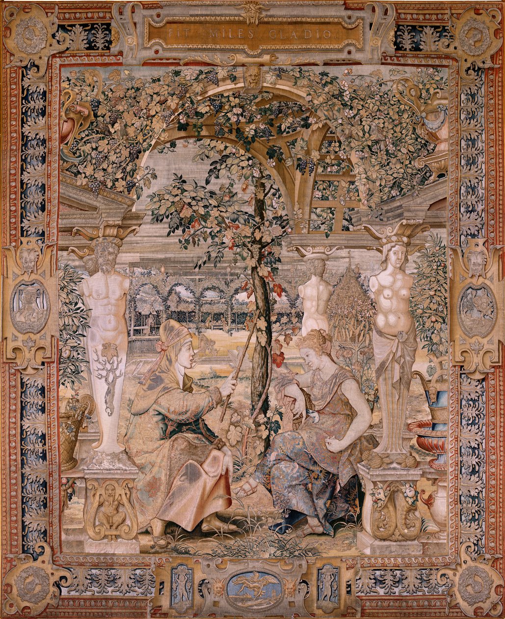 Tapisserie flamande. Série Vertumne et Pomone. Vertumne transformé en vieille femme. Sixième tapisserie de la série. Modèle Cercle de Pieter Coecke van Aelst. Manufacture Wilhelm Pannemaker, Bruxelles. Vers 1545-1550. - Pieter (circle of) Coecke van Aelst