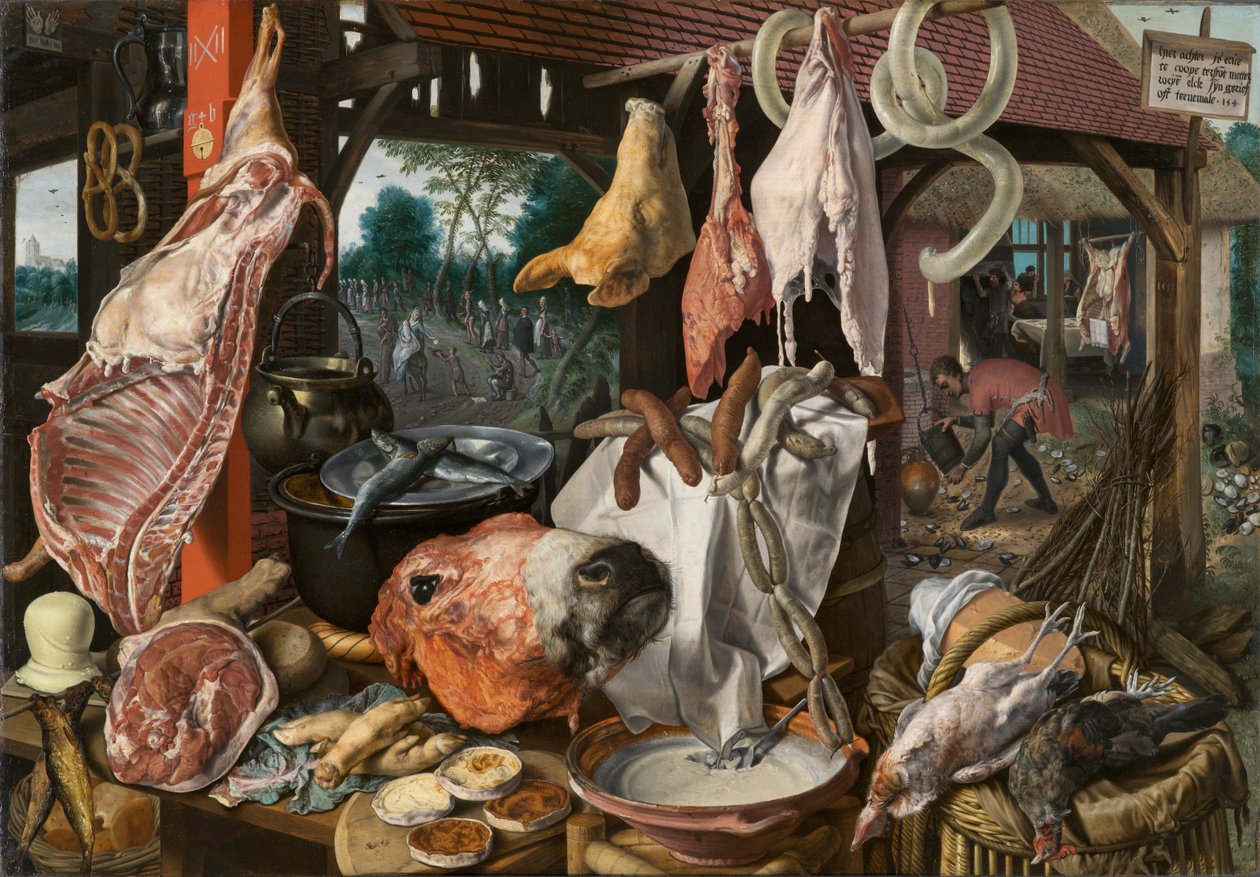Un étal de viande avec la Sainte Famille faisant l