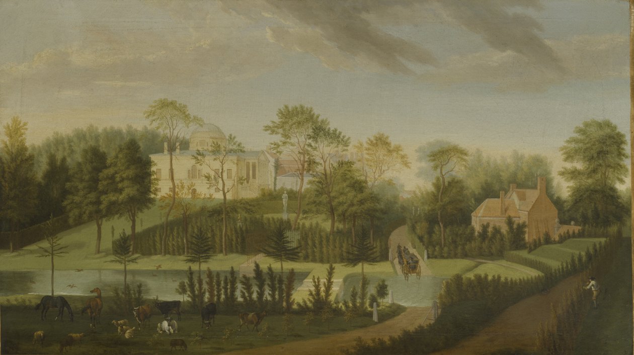 Vue de la terrasse regardant à travers le canal vers le côté de la villa, Chiswick Villa - Pieter Andreas Rysbrack