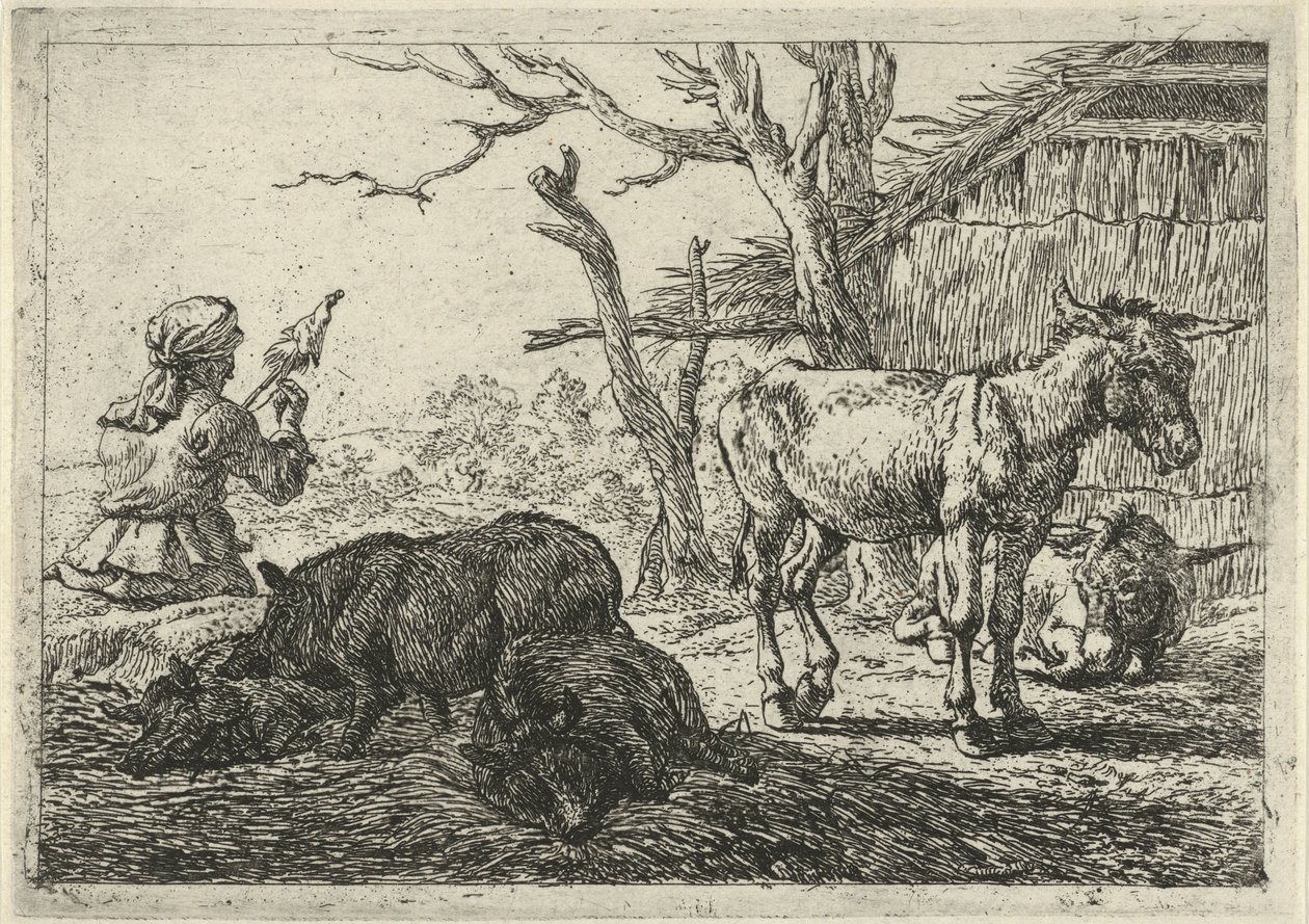 Femme filant, cochons et ânes - Pieter Bodding van Laer