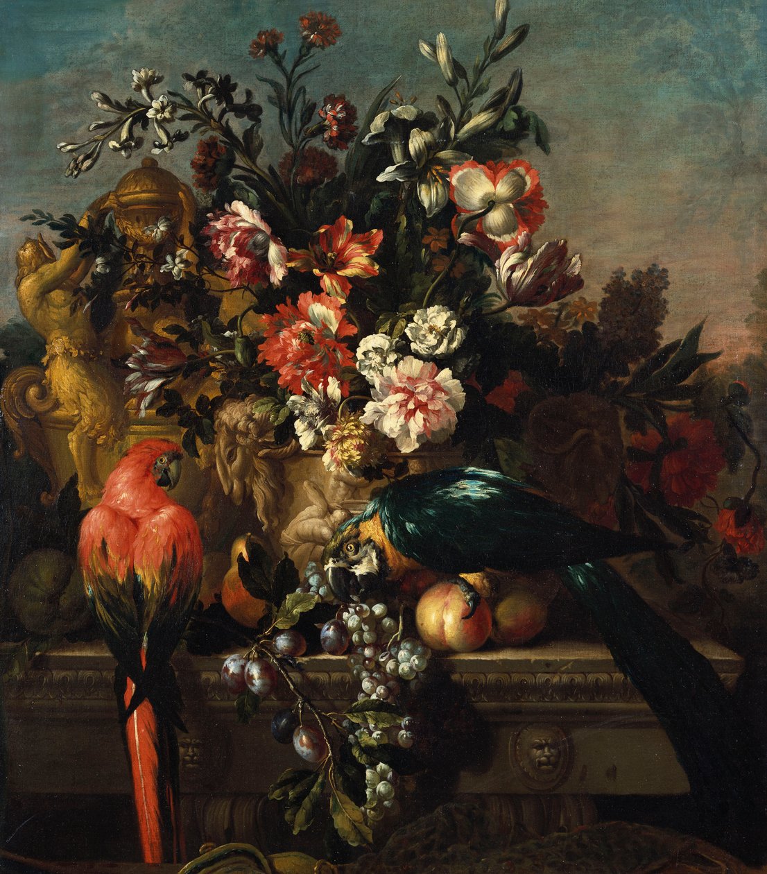 Œillets et autres fleurs avec des perroquets sur un piédestal - Pieter Casteels