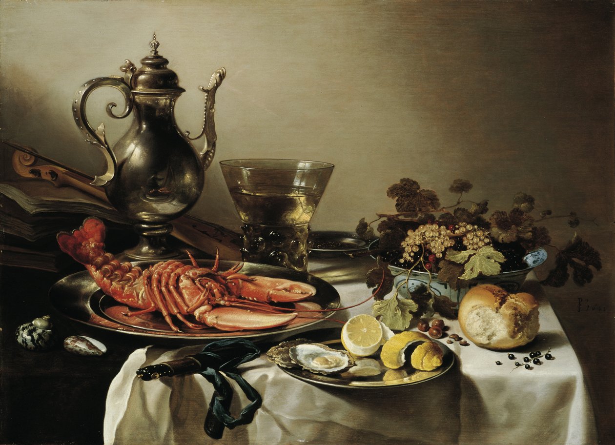Table avec homard, pichet en argent, grand Berkemeyer, coupe de fruits,  violon et livres
