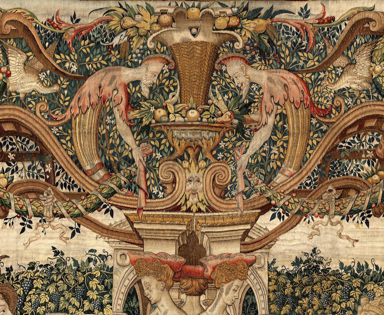 Vertumne et Pomone : Vertumne transformé en tailleur de haies, c.1550 (or, laine et soie) - Pieter Coecke van Aelst