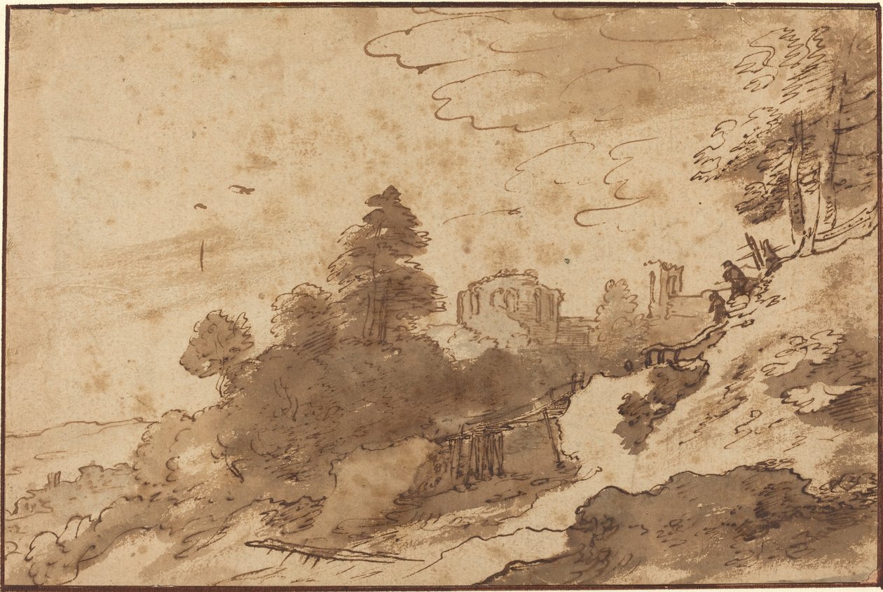 Paysage avec pont et ruines en arrière-plan - Pieter Dircksz Santvoort