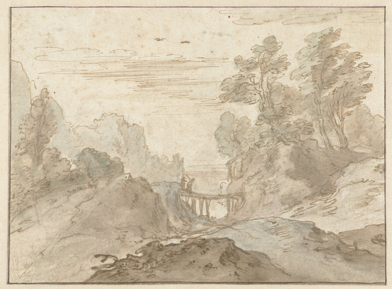 Paysage montagneux avec deux figures sur un pont étroit - Pieter Dircksz van Santvoort (possibly)