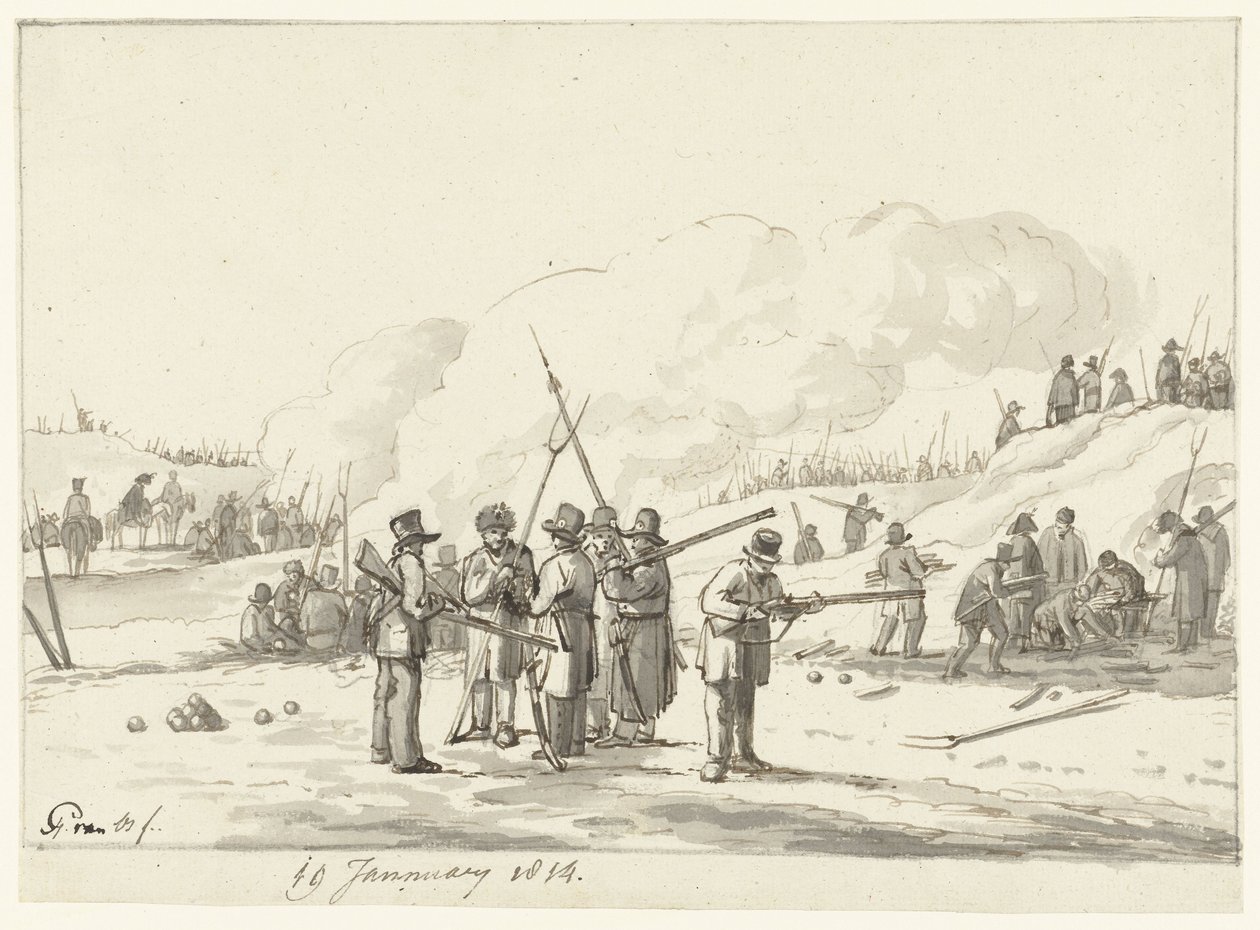 Campement de citoyens dans les dunes de Hollande-Septentrionale, 19 janvier 1814 - Pieter Gerardus van Os (signed by artist)