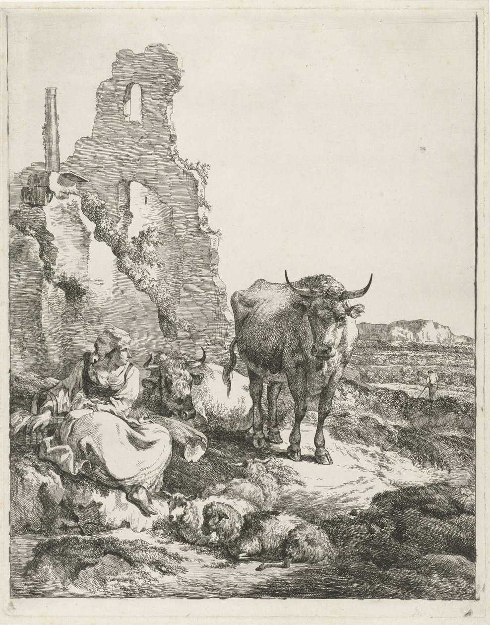 Paysage avec une vache debout et une vache couchée et une bergère devant une ruine - Pieter Gerardus van Os