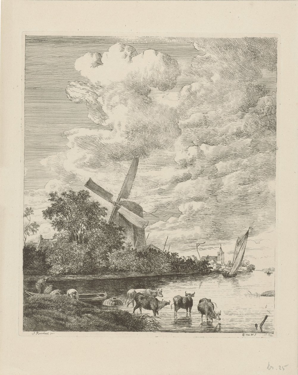 Vue de rivière avec moulin et vaches dans l