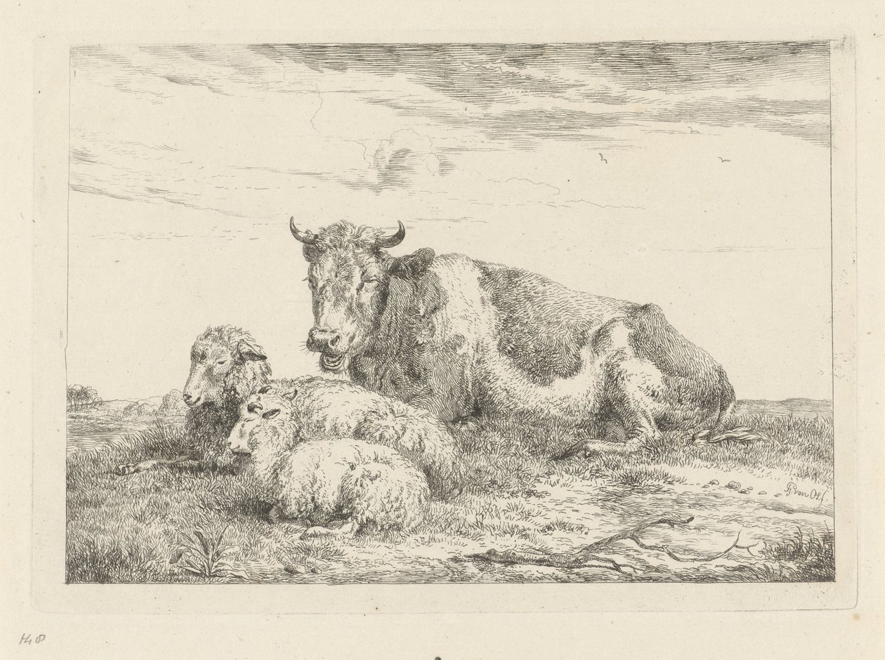 Vache endormie avec mouton et agneau - Pieter Gerardus van Os