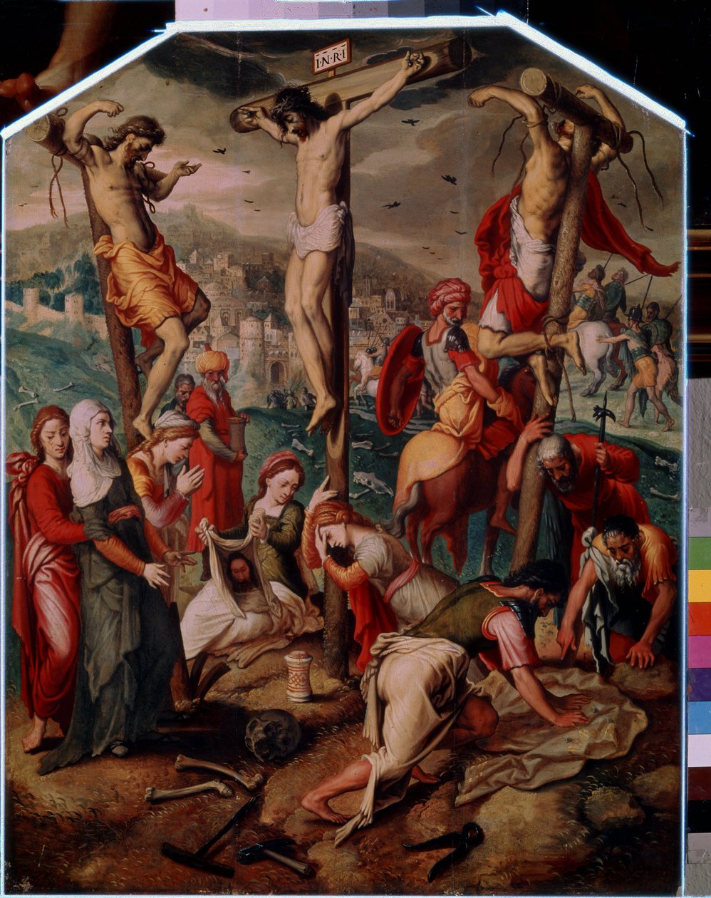 Calvaire. Sur le Golgotha, Jésus-Christ crucifié avec les deux autres condamnés à mort. Il porte la pancarte INRI sur la croix. Au pied, Sainte Marie Madeleine pleure la mort de Jésus, son flacon est renversé sur le sol. Sainte Véronique - Pieter I Pietersz