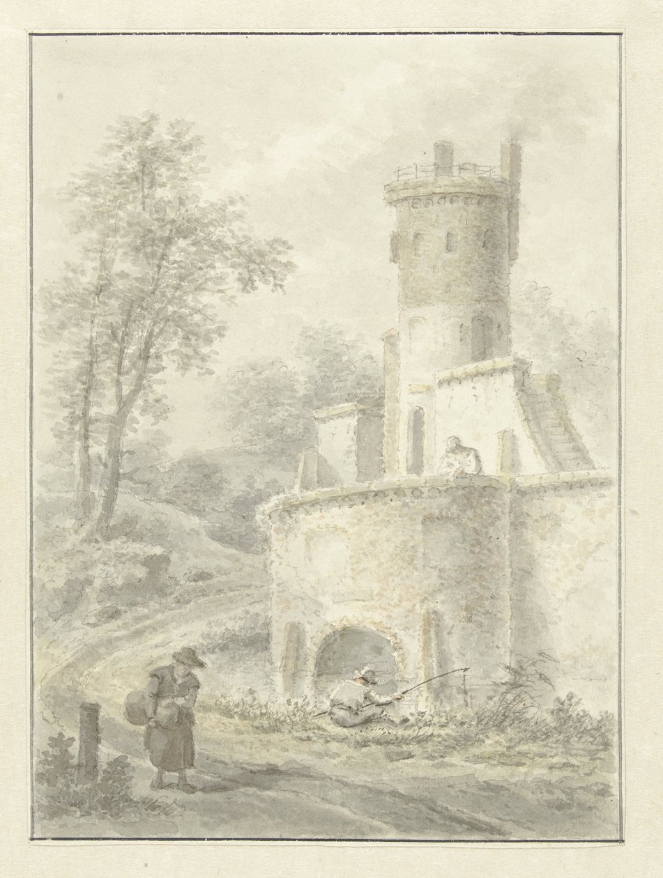 Paysage avec pêcheur et femme marchant près d