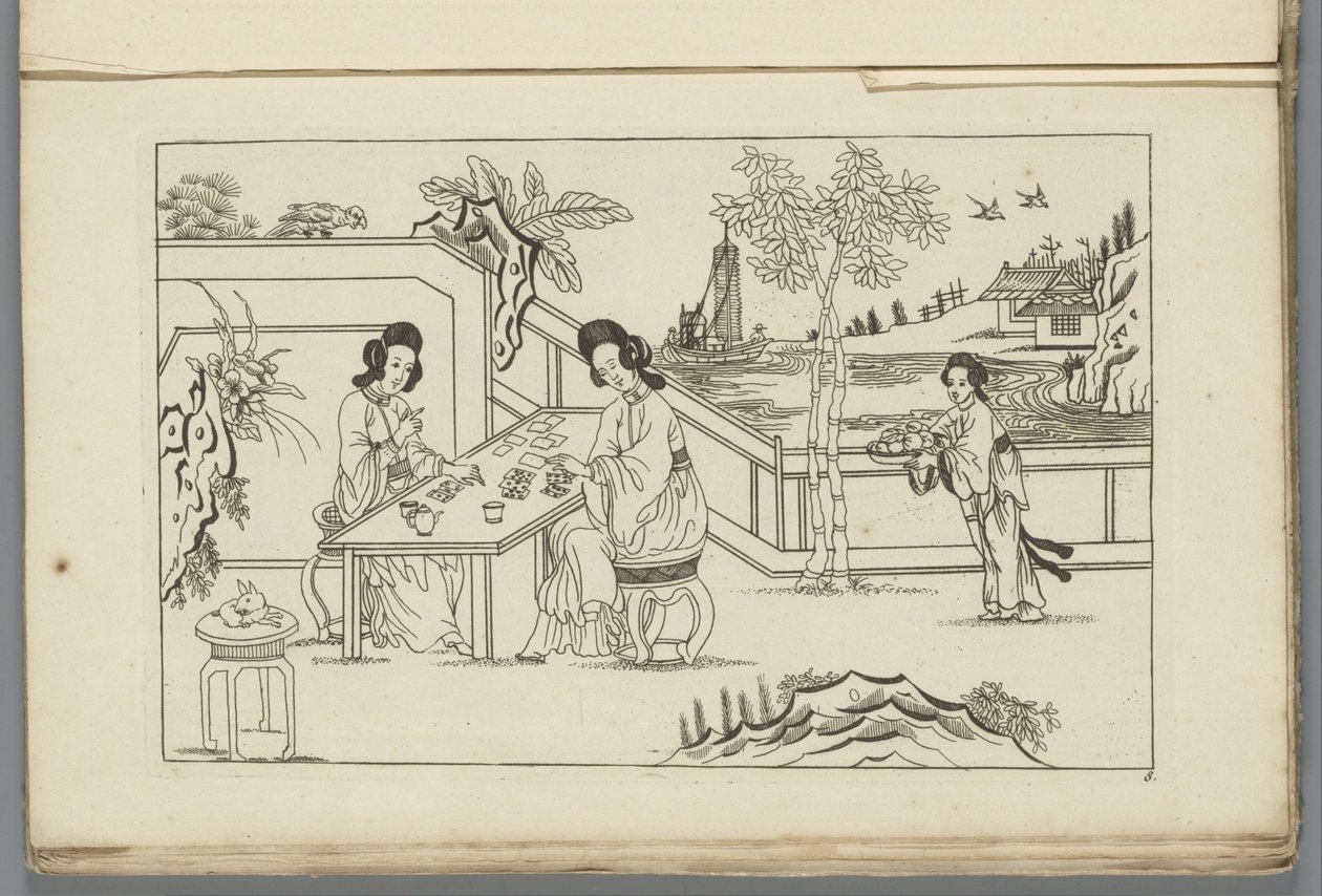 Paysage avec deux femmes chinoises jouant aux cartes - Pieter Schenk (II)