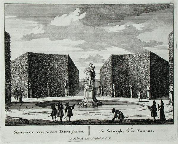 Haie hexagonale par une fontaine de faune, de 