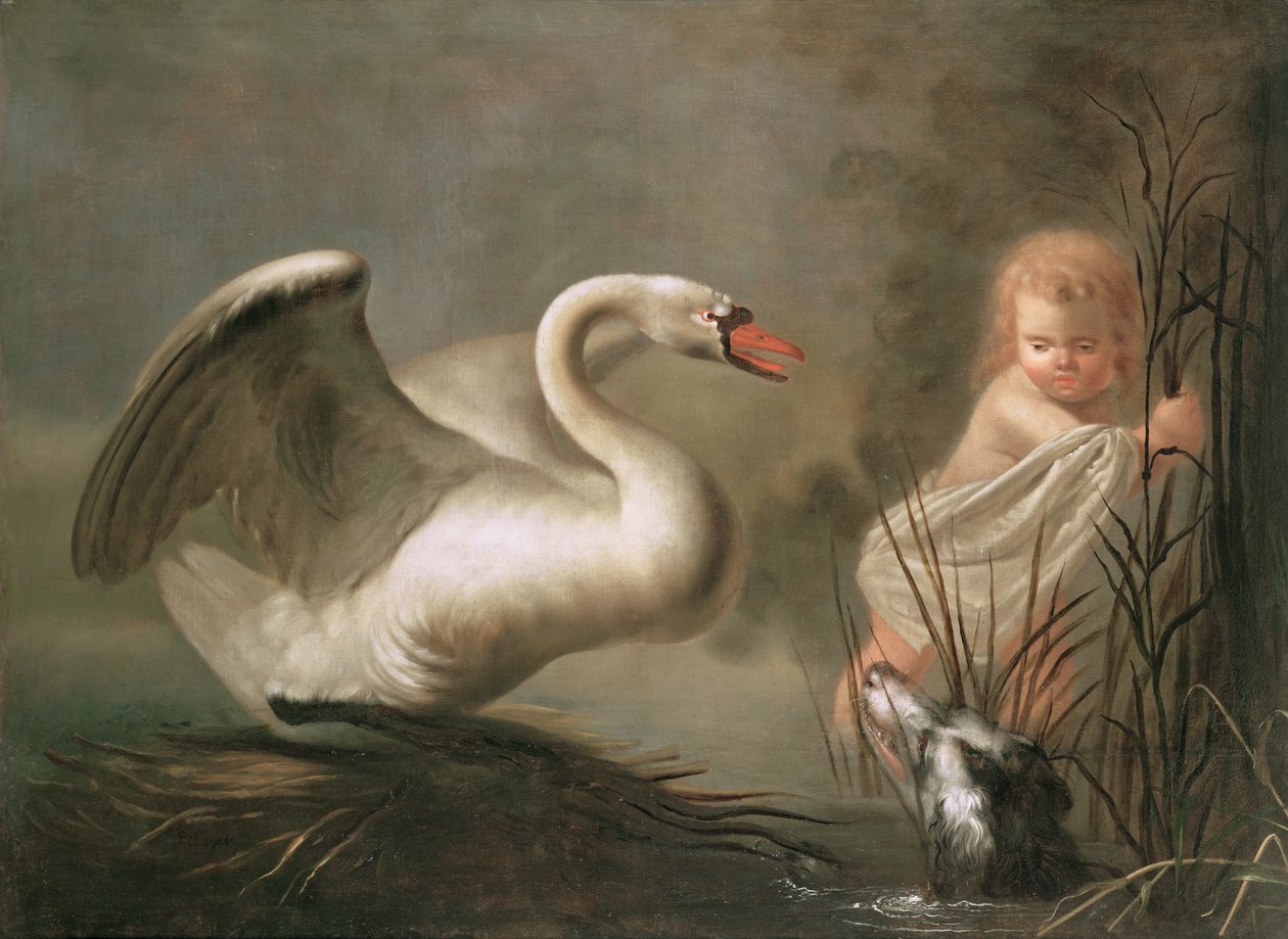 Un cygne gardant son nid contre un enfant et un épagneul - Pieter Snyers